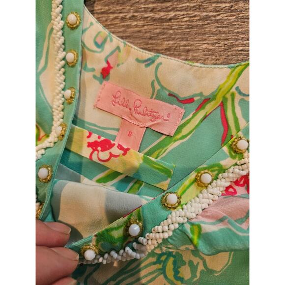 Lilly pulitzer silk tank top blouse sz 8 large bead embellished green tropical - Picture 3 of 6